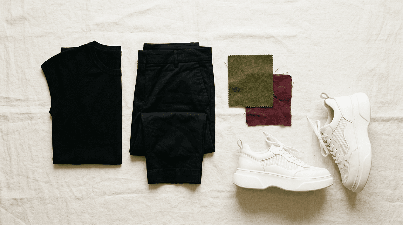 Amrutha by Amrutha — black garments, fabric swatches, and platform sneakers